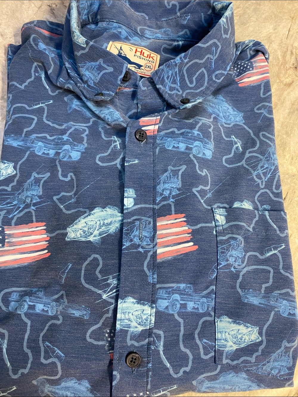 Huk Navy Americana Fishing Print Button-Down Short Sleeve Shirt